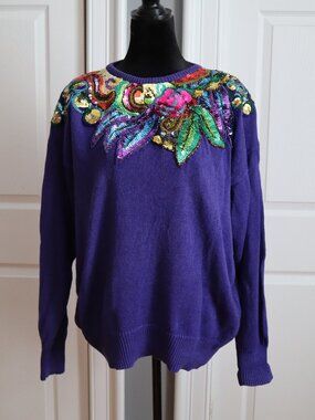 Vtg '80s Victoria Harbour Colorful Sequin Beaded Statement Sweater Purple Sz L
